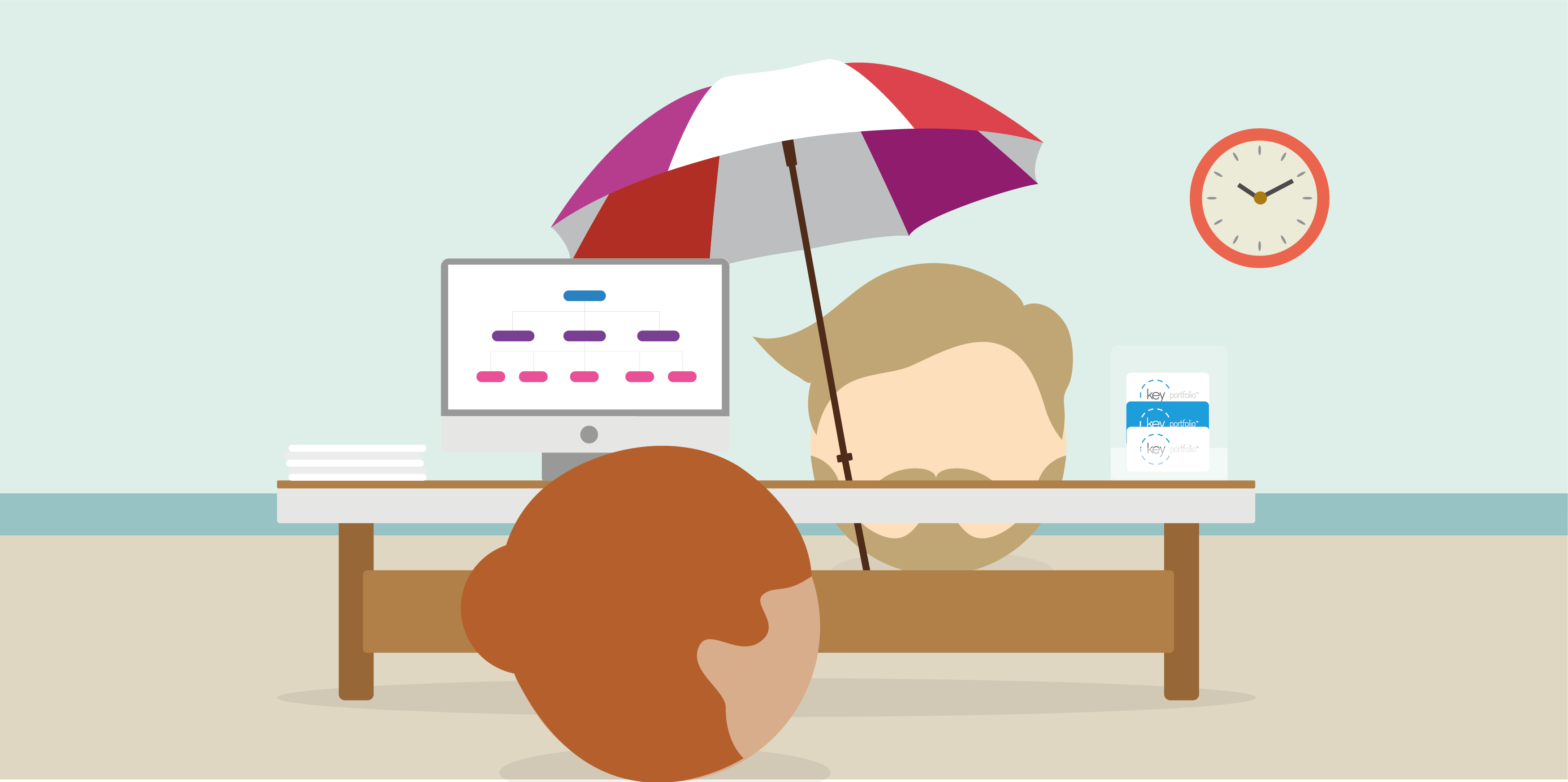 recruiter and candidate at a desk under an umbrella